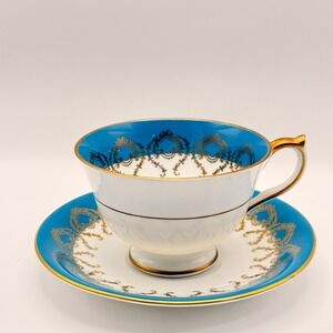 Aynsley England Bone China Teacup Saucer Set Turquoise Blue Gold Filigree 2731
